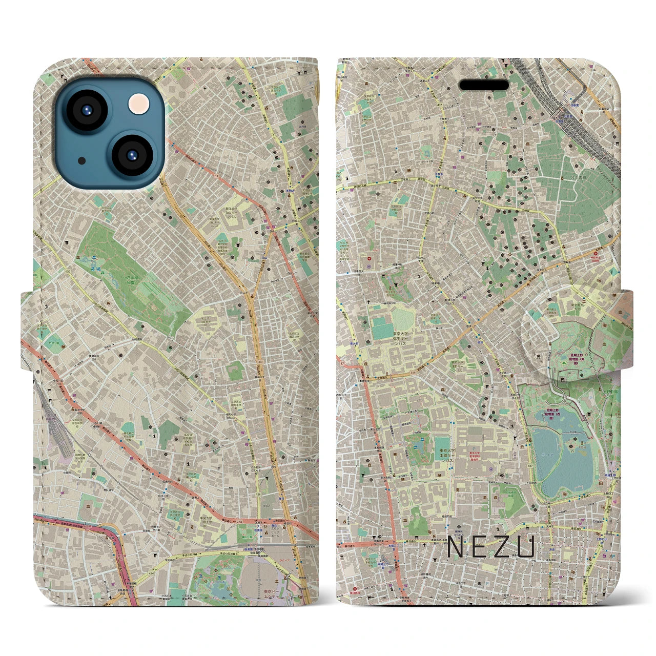 【根津(東京都)】地図柄iPhoneケース(手帳タイプ)ナチュラル・iPhone 13 用