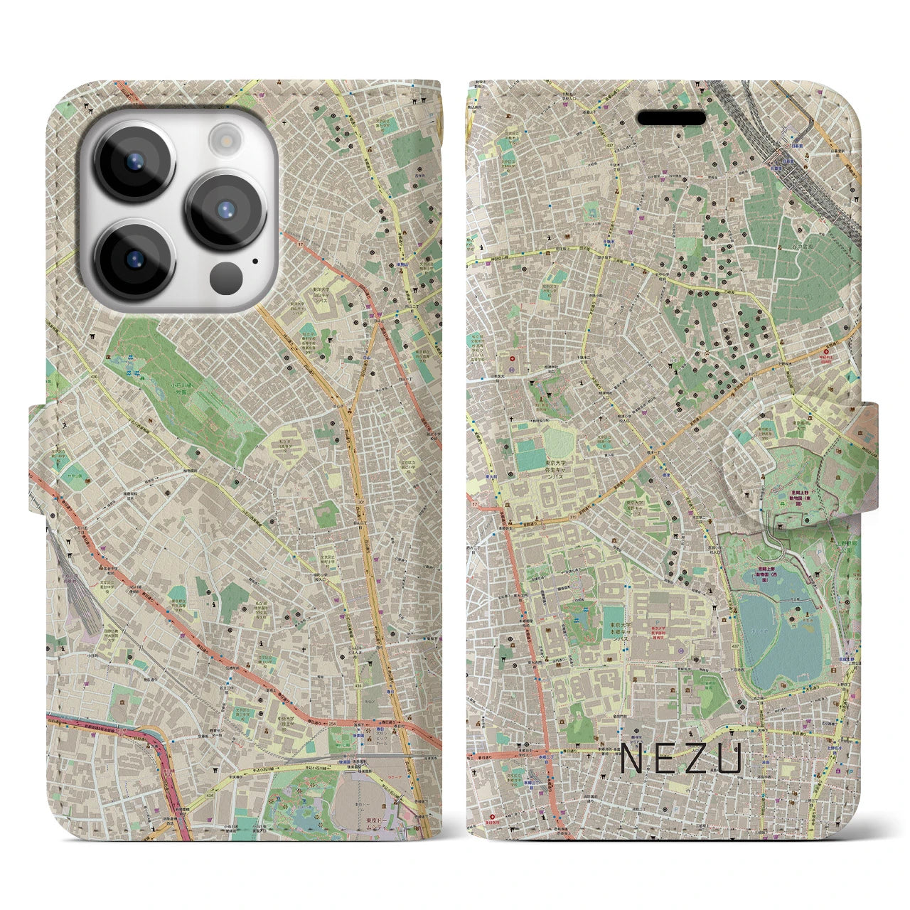 【根津(東京都)】地図柄iPhoneケース(手帳タイプ)ナチュラル・iPhone 14 Pro 用
