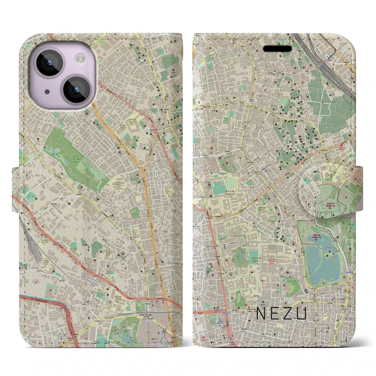 【根津(東京都)】地図柄iPhoneケース(手帳タイプ)ナチュラル・iPhone 14 用