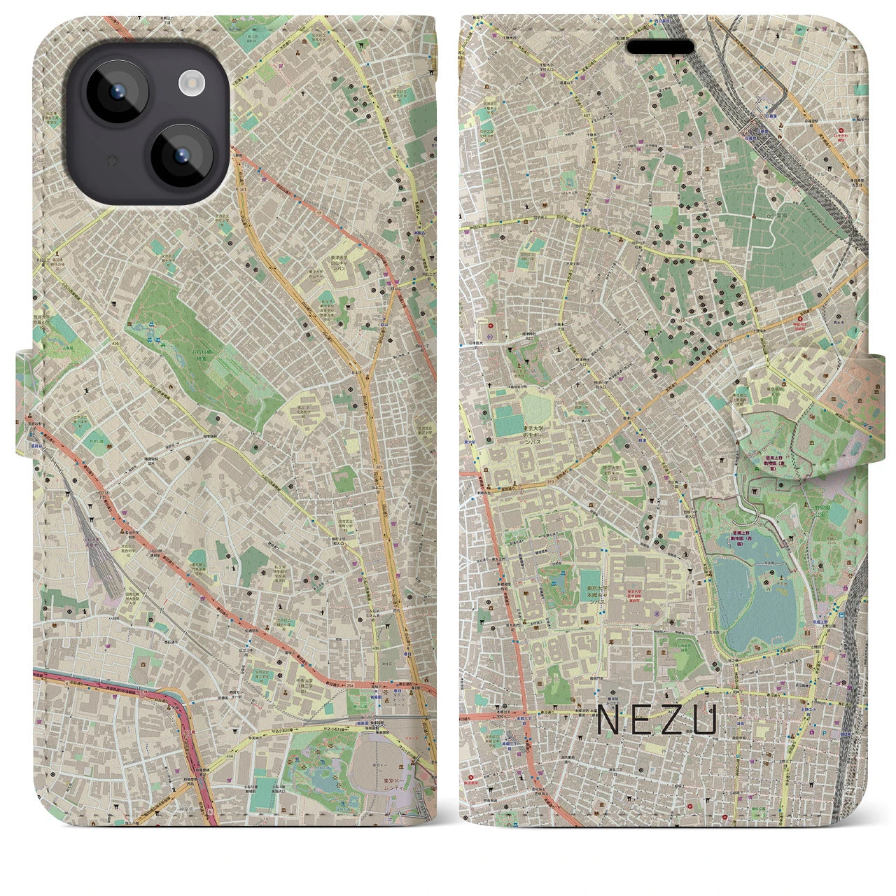 【根津(東京都)】地図柄iPhoneケース(手帳タイプ)ナチュラル・iPhone 14 Plus 用