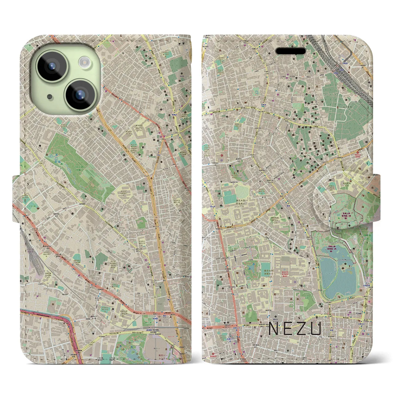 【根津(東京都)】地図柄iPhoneケース(手帳タイプ)ナチュラル・iPhone 15 用