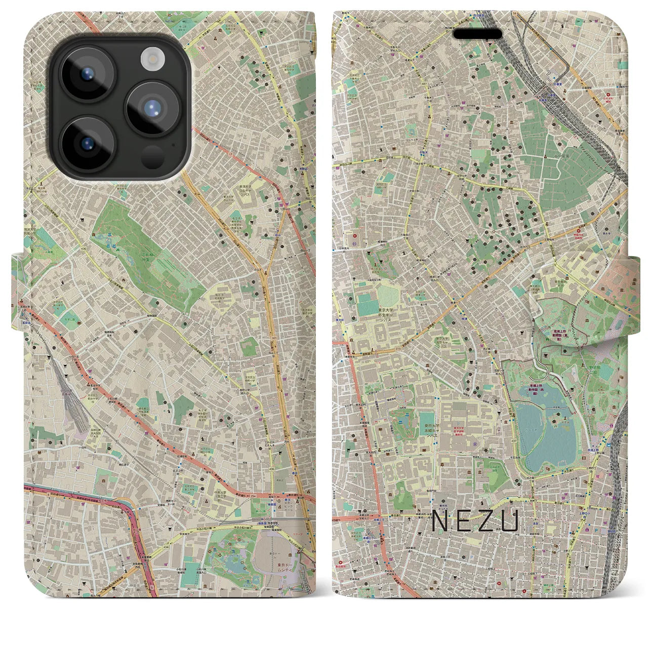 【根津(東京都)】地図柄iPhoneケース(手帳タイプ)ナチュラル・iPhone 15 Pro Max 用