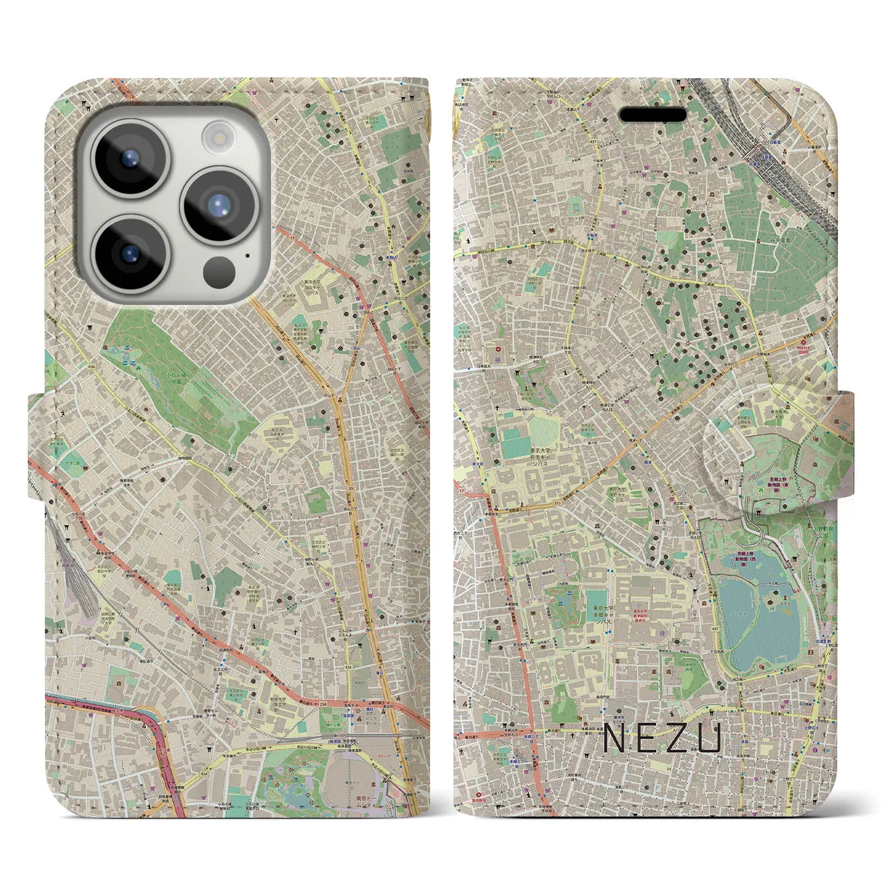 【根津(東京都)】地図柄iPhoneケース(手帳タイプ)ナチュラル・iPhone 15 Pro 用