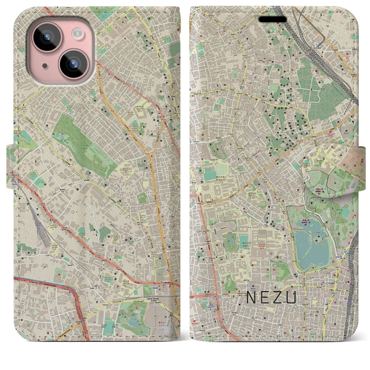 【根津(東京都)】地図柄iPhoneケース(手帳タイプ)ナチュラル・iPhone 15 Plus 用