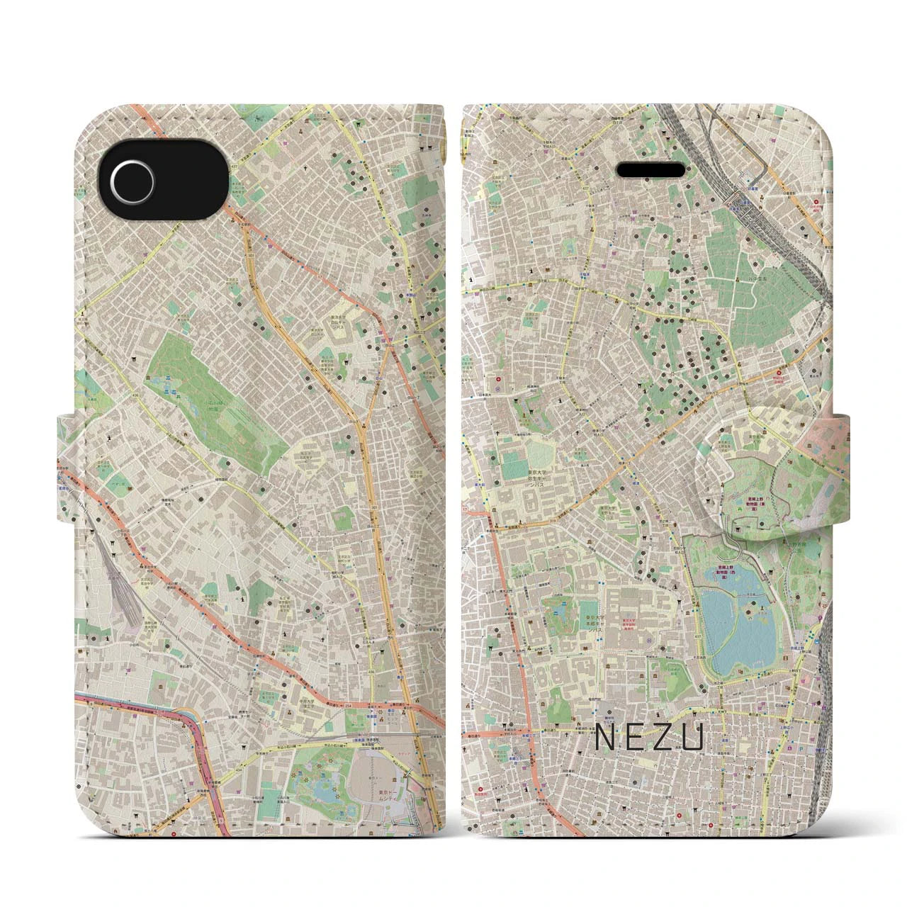 【根津(東京都)】地図柄iPhoneケース(手帳タイプ)ナチュラル・iPhone SE(第3 / 第2世代) / 8 / 7 / 6s / 6 用