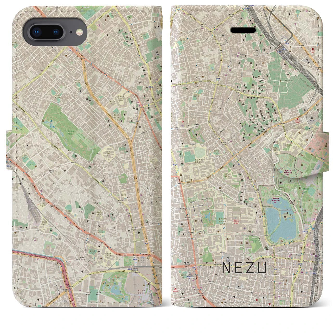 【根津(東京都)】地図柄iPhoneケース(手帳タイプ)ナチュラル・iPhone 8Plus /7Plus / 6sPlus / 6Plus 用