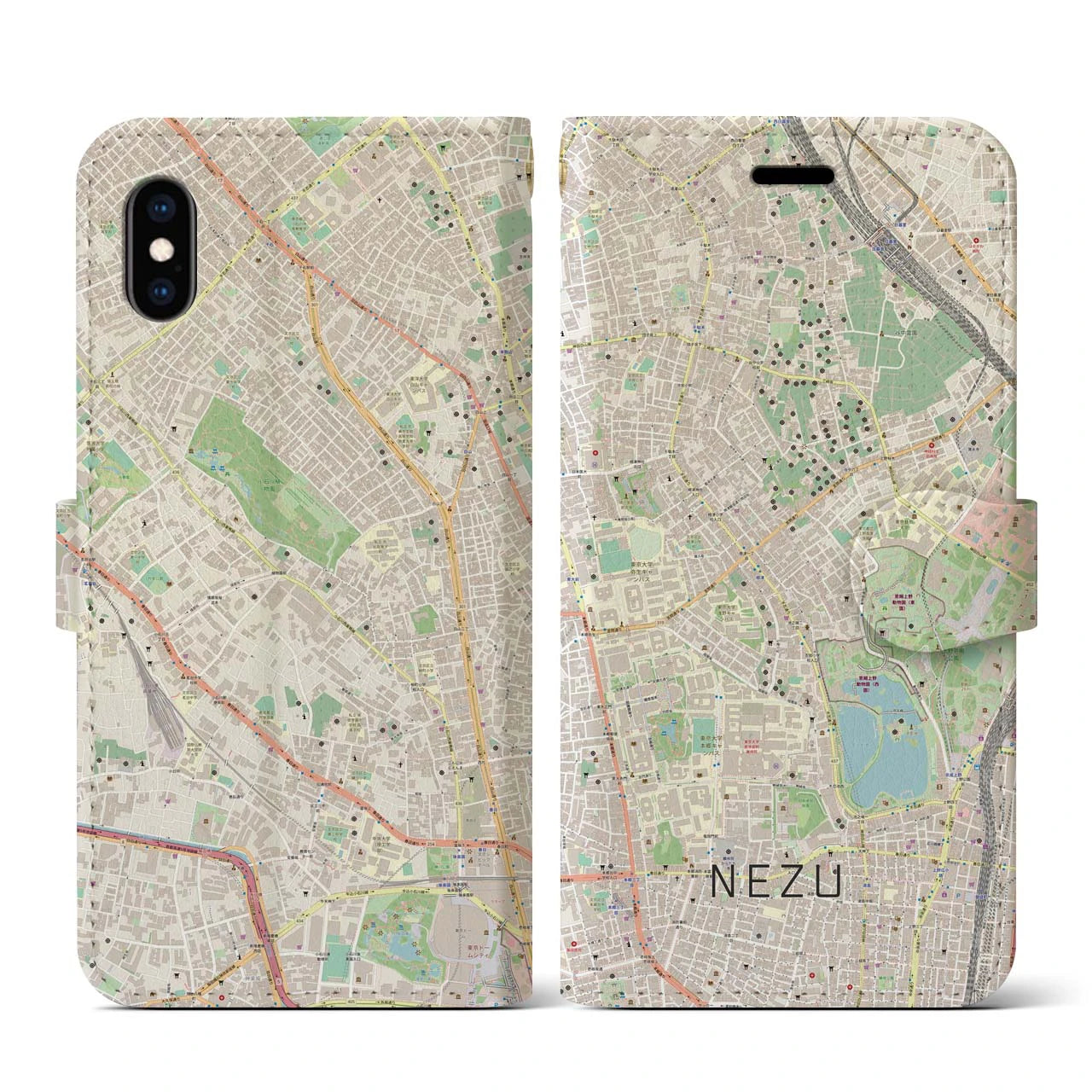 【根津(東京都)】地図柄iPhoneケース(手帳タイプ)ナチュラル・iPhone XS / X 用