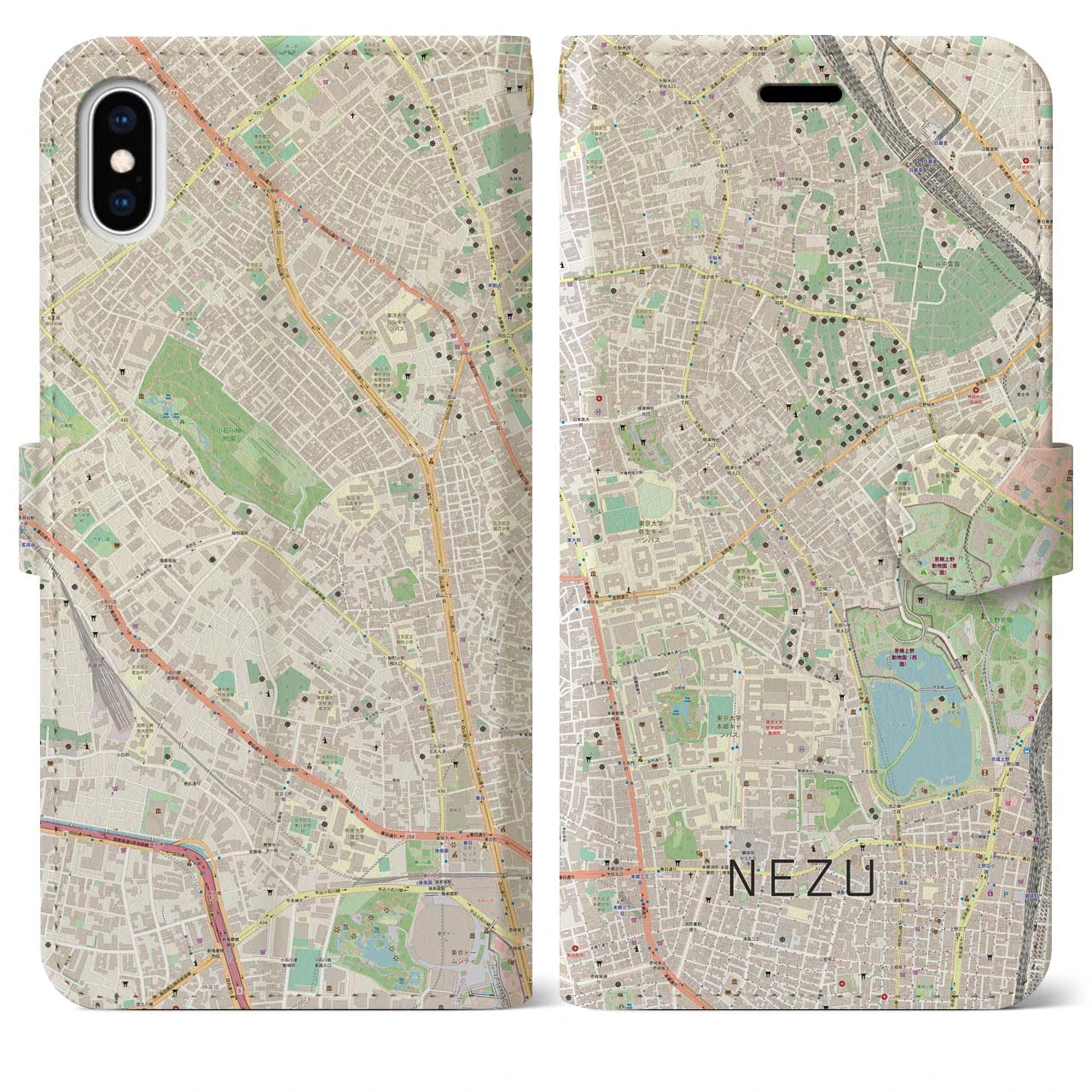 【根津(東京都)】地図柄iPhoneケース(手帳タイプ)ナチュラル・iPhone XS Max 用