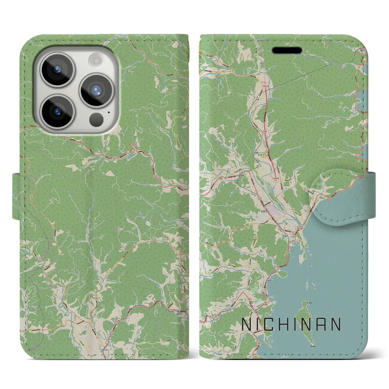 【日南(宮崎県)】地図柄iPhoneケース(手帳タイプ)ナチュラル・iPhone 15 Pro 用