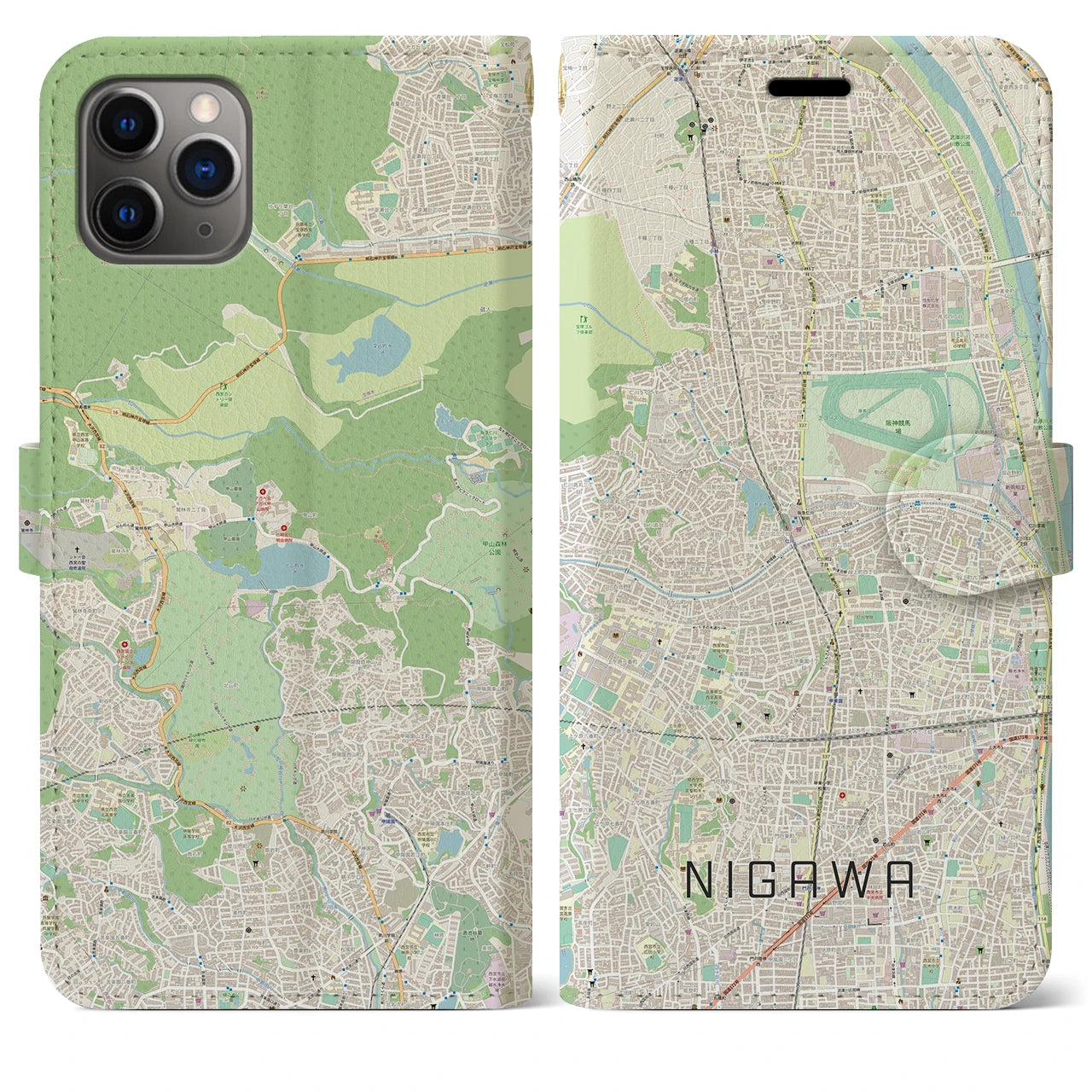 【仁川(兵庫県)】地図柄iPhoneケース(手帳タイプ)ナチュラル・iPhone 11 Pro Max 用