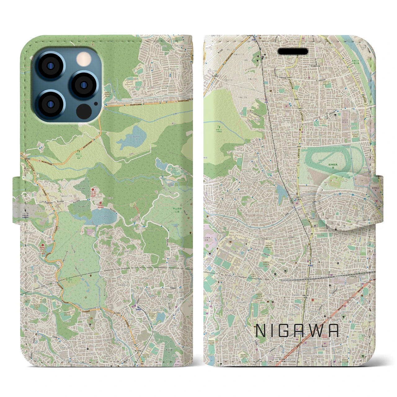 【仁川(兵庫県)】地図柄iPhoneケース(手帳タイプ)ナチュラル・iPhone 12 / 12 Pro 用