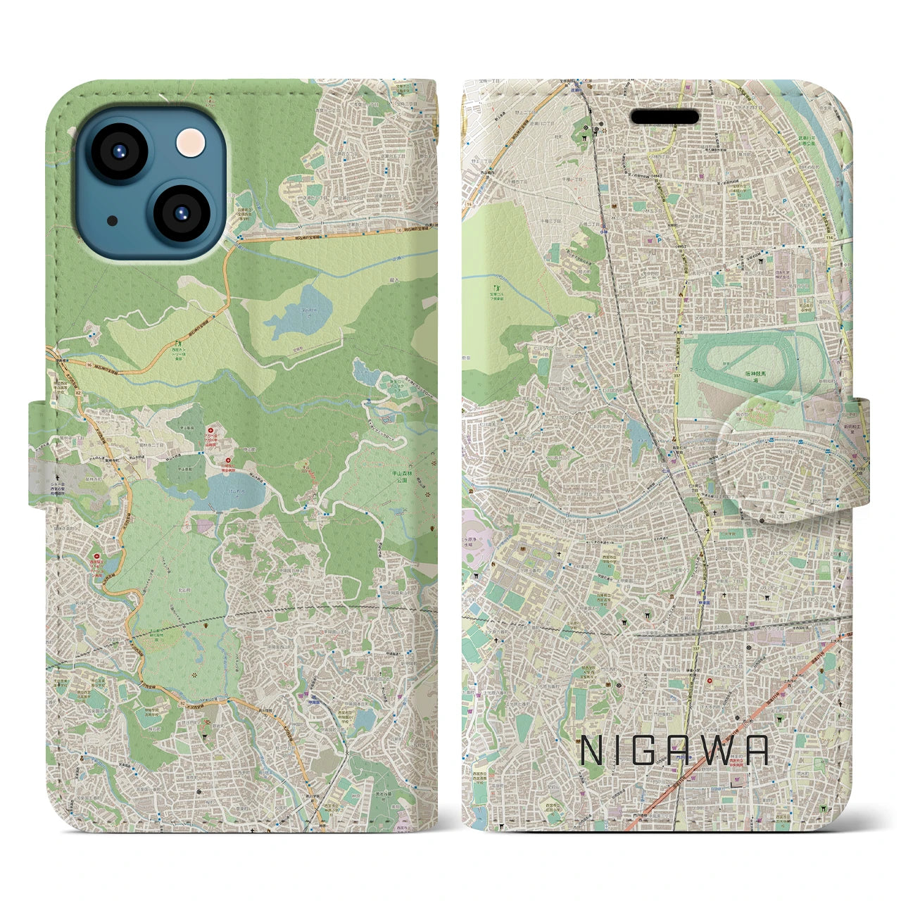 【仁川(兵庫県)】地図柄iPhoneケース(手帳タイプ)ナチュラル・iPhone 13 用