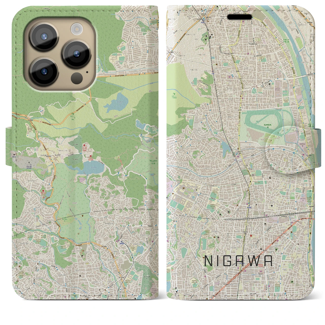 【仁川(兵庫県)】地図柄iPhoneケース(手帳タイプ)ナチュラル・iPhone 14 Pro Max 用