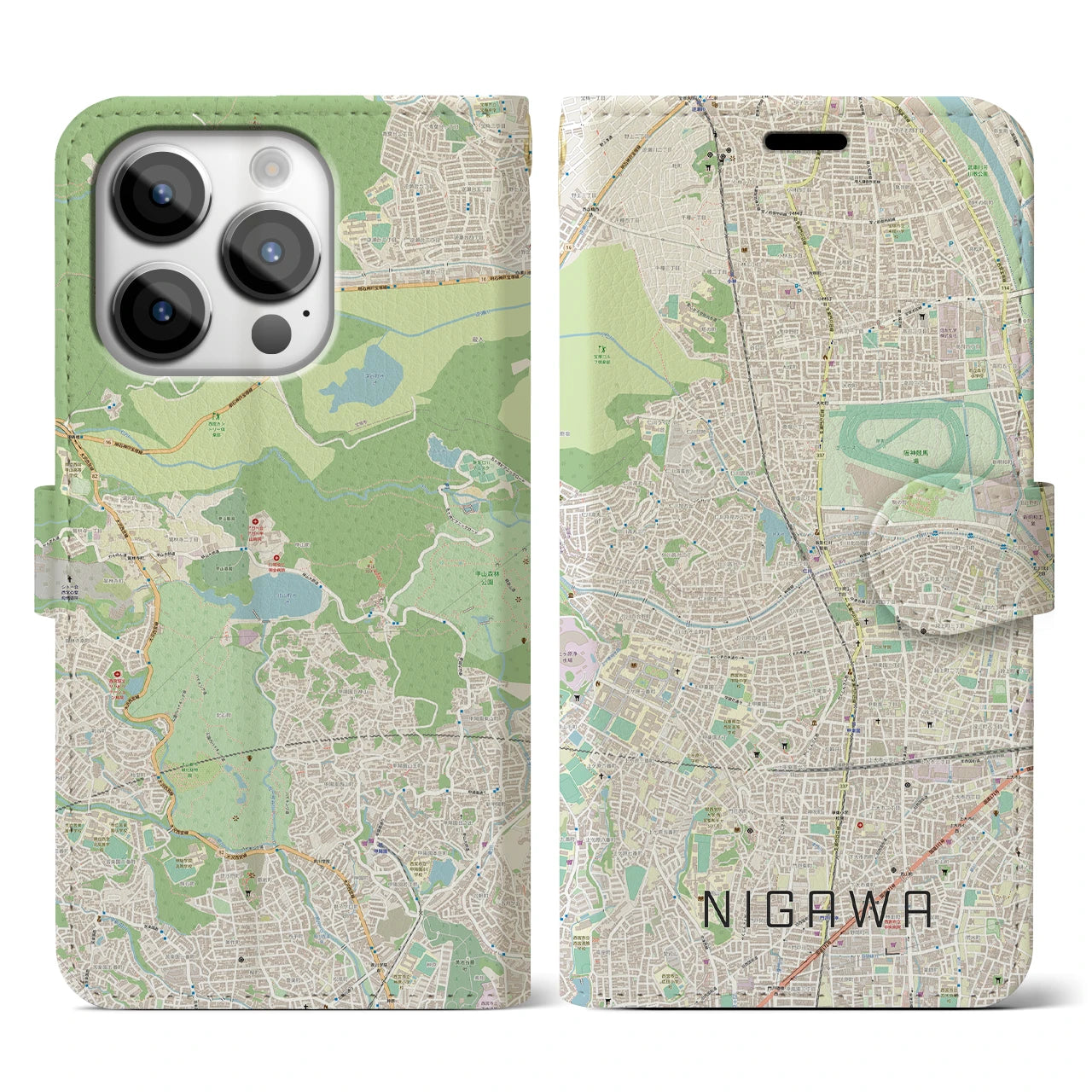 【仁川(兵庫県)】地図柄iPhoneケース(手帳タイプ)ナチュラル・iPhone 14 Pro 用