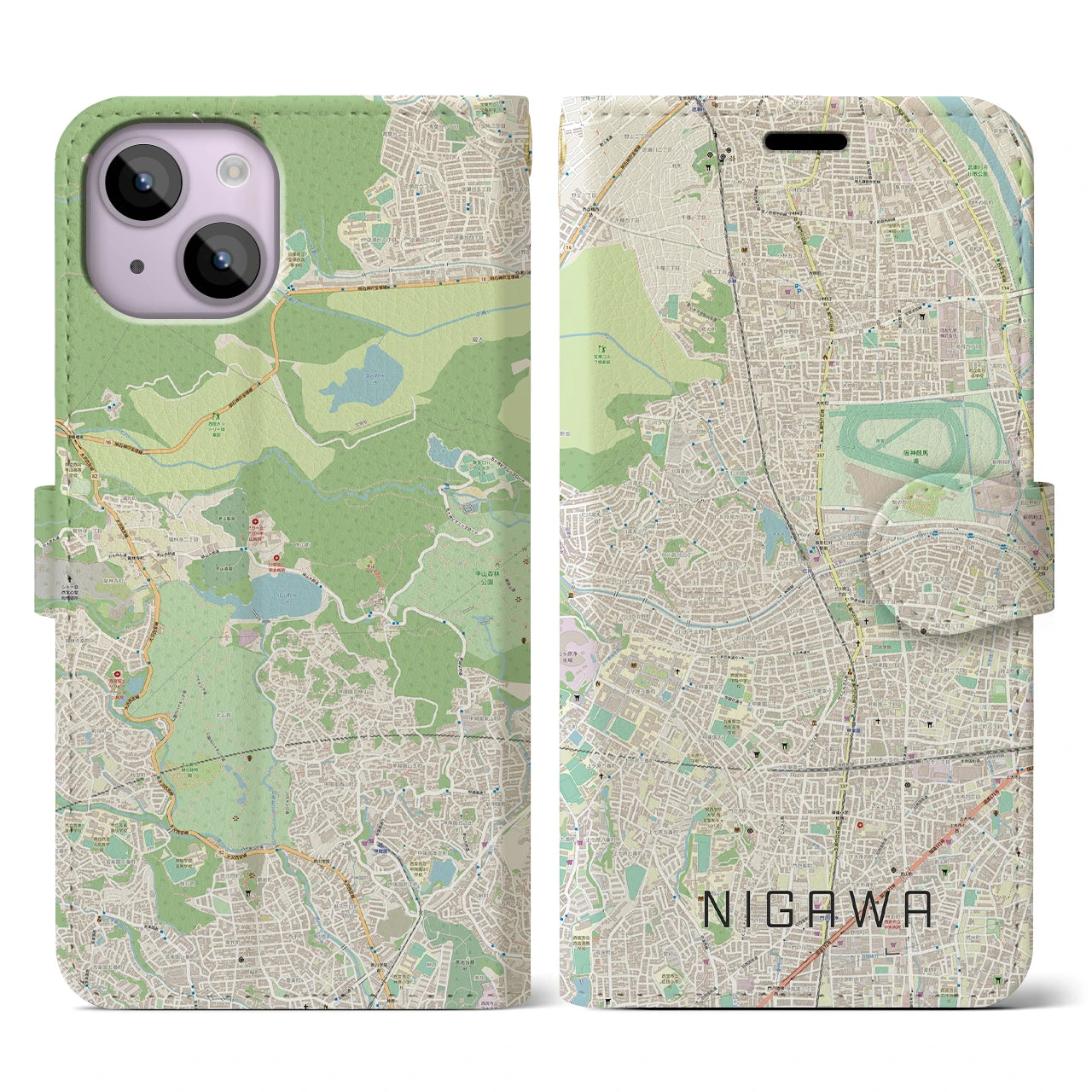 【仁川(兵庫県)】地図柄iPhoneケース(手帳タイプ)ナチュラル・iPhone 14 用