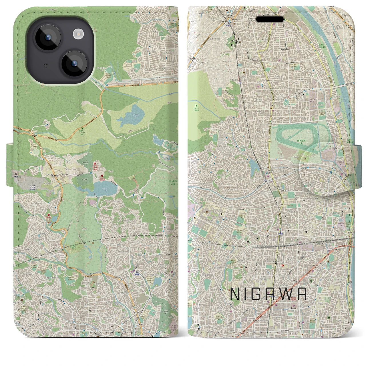 【仁川(兵庫県)】地図柄iPhoneケース(手帳タイプ)ナチュラル・iPhone 14 Plus 用