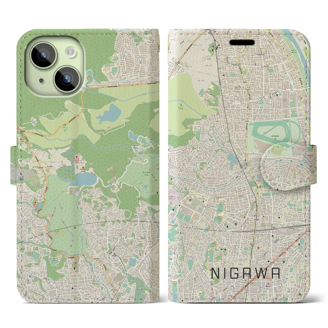 【仁川(兵庫県)】地図柄iPhoneケース(手帳タイプ)ナチュラル・iPhone 15 用