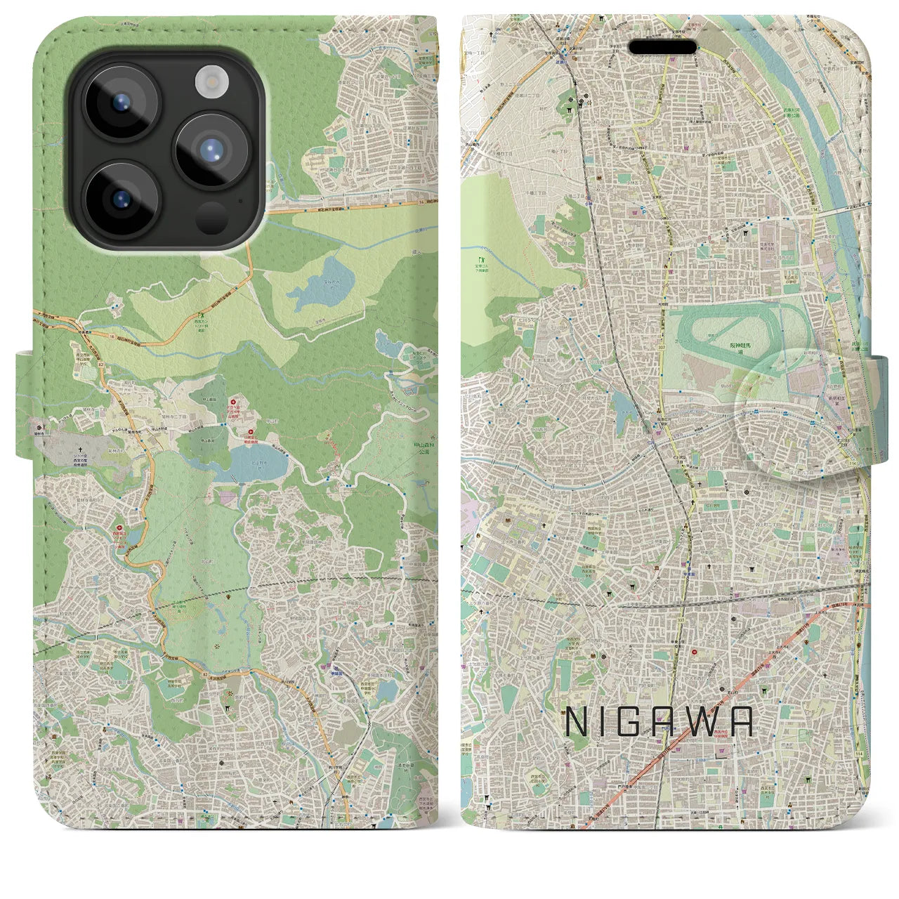 【仁川(兵庫県)】地図柄iPhoneケース(手帳タイプ)ナチュラル・iPhone 15 Pro Max 用