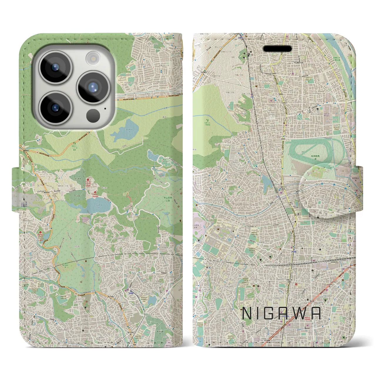 【仁川(兵庫県)】地図柄iPhoneケース(手帳タイプ)ナチュラル・iPhone 15 Pro 用