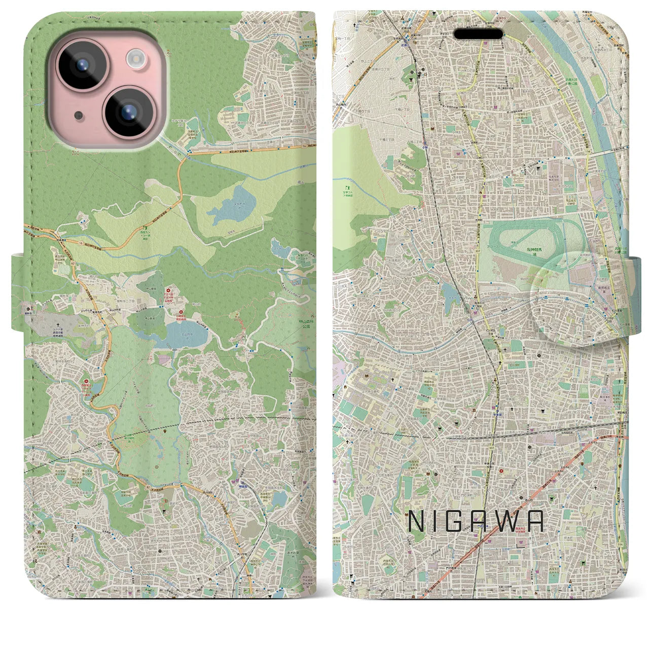 【仁川(兵庫県)】地図柄iPhoneケース(手帳タイプ)ナチュラル・iPhone 15 Plus 用