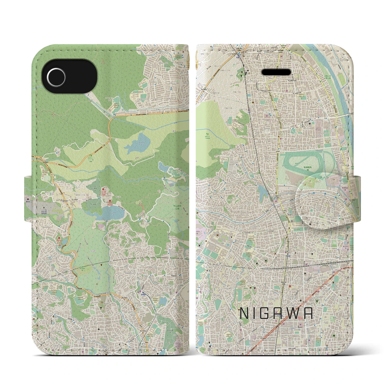【仁川(兵庫県)】地図柄iPhoneケース(手帳タイプ)ナチュラル・iPhone SE(第3 / 第2世代) / 8 / 7 / 6s / 6 用