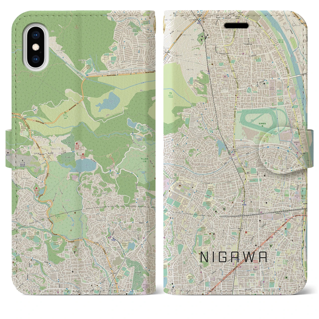 【仁川(兵庫県)】地図柄iPhoneケース(手帳タイプ)ナチュラル・iPhone XS Max 用