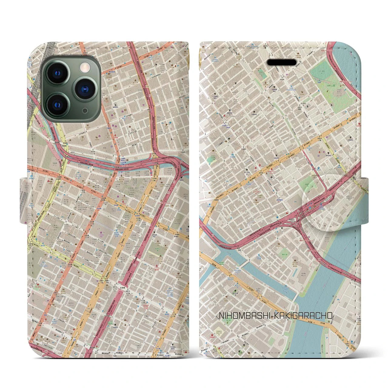 【日本橋蛎殻町(東京都)】地図柄iPhoneケース(手帳タイプ)ナチュラル・iPhone 11 Pro 用