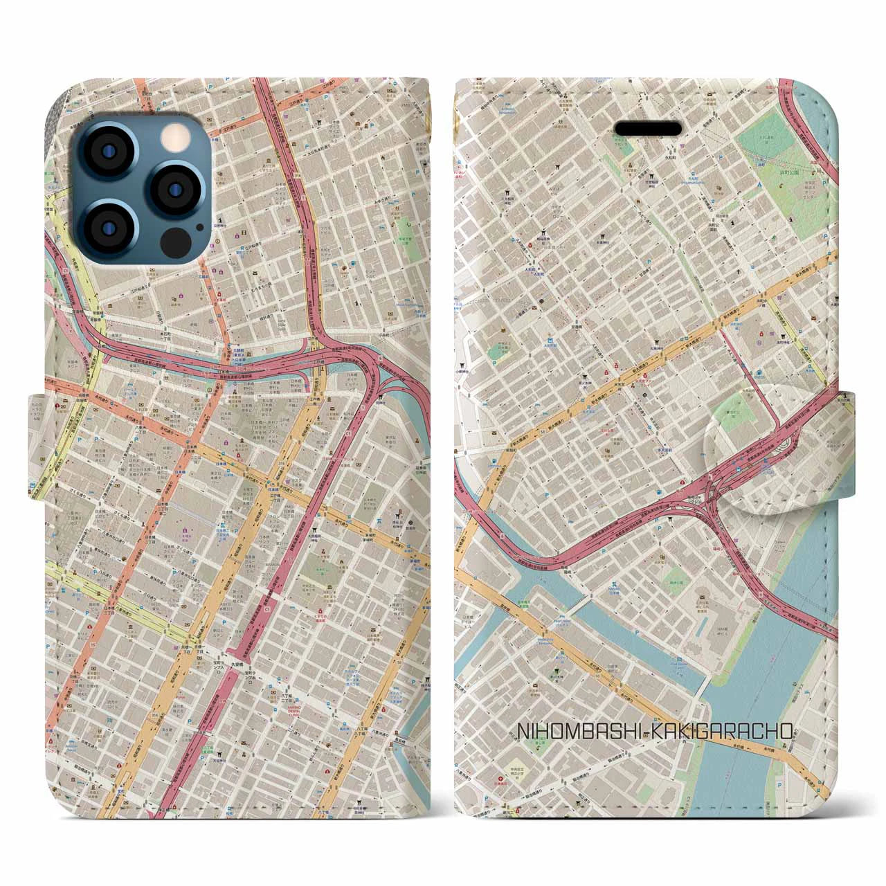 【日本橋蛎殻町(東京都)】地図柄iPhoneケース(手帳タイプ)ナチュラル・iPhone 12 / 12 Pro 用