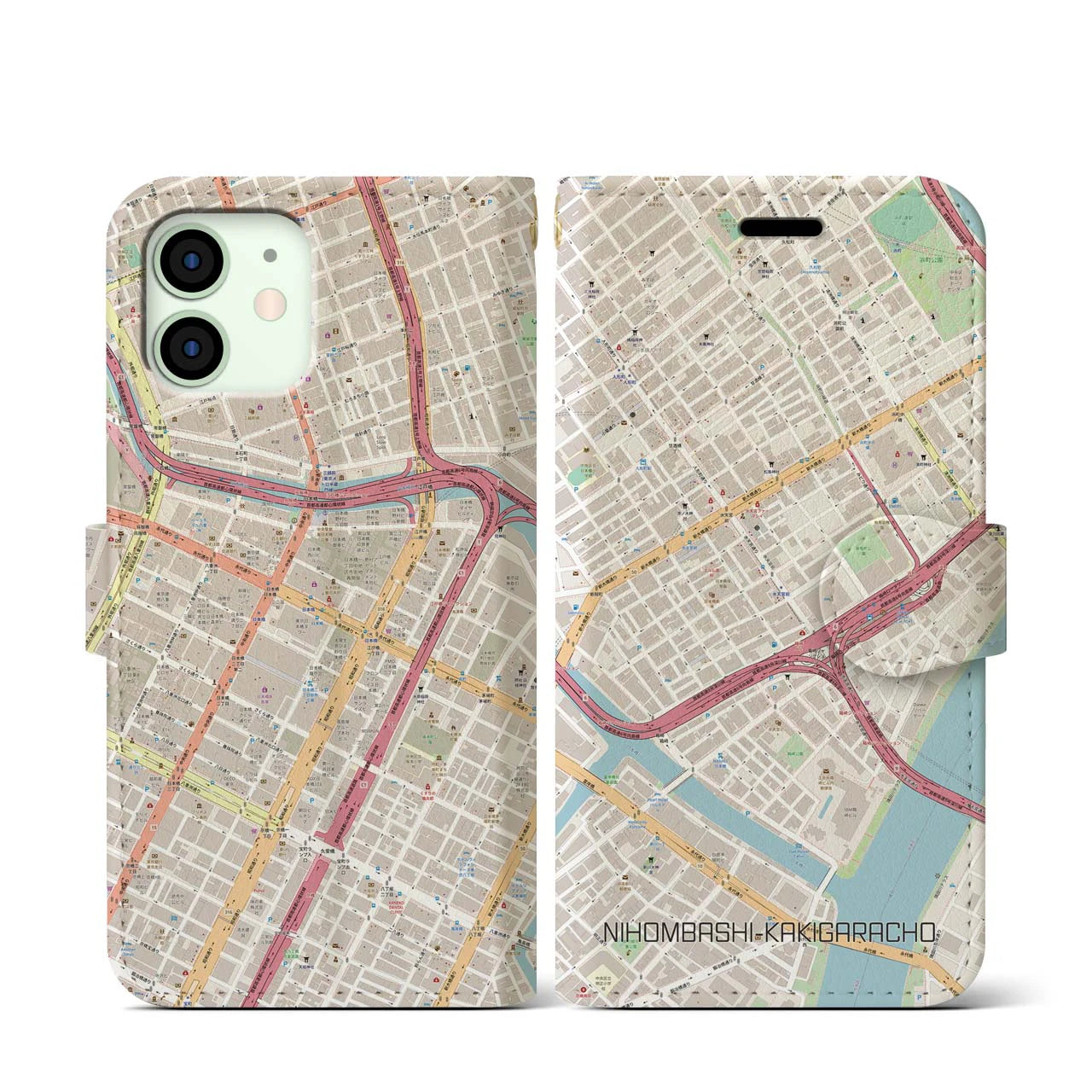 【日本橋蛎殻町(東京都)】地図柄iPhoneケース(手帳タイプ)ナチュラル・iPhone 12 mini 用