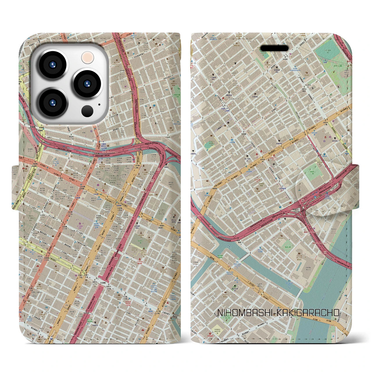 【日本橋蛎殻町(東京都)】地図柄iPhoneケース(手帳タイプ)ナチュラル・iPhone 13 Pro 用