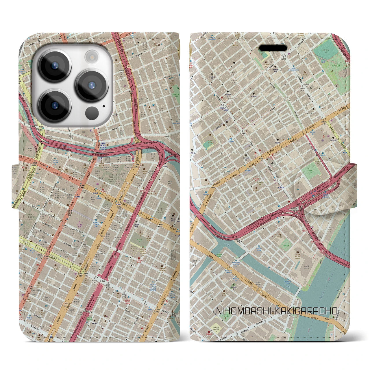 【日本橋蛎殻町(東京都)】地図柄iPhoneケース(手帳タイプ)ナチュラル・iPhone 14 Pro 用
