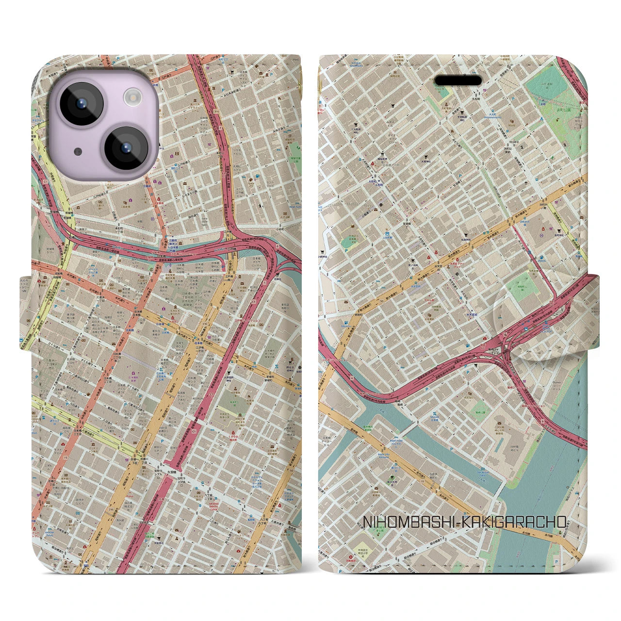 【日本橋蛎殻町(東京都)】地図柄iPhoneケース(手帳タイプ)ナチュラル・iPhone 14 用