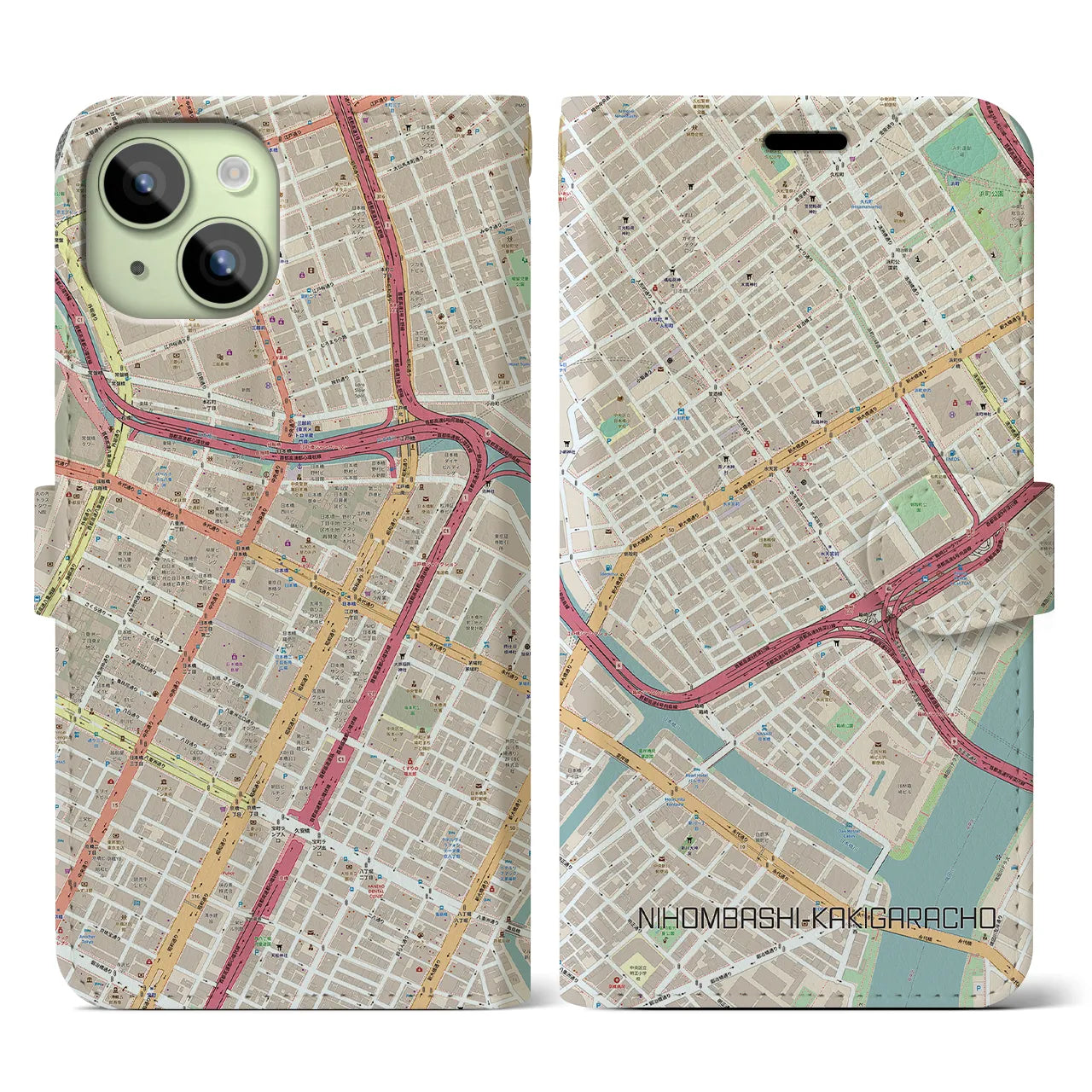 【日本橋蛎殻町(東京都)】地図柄iPhoneケース(手帳タイプ)ナチュラル・iPhone 15 用