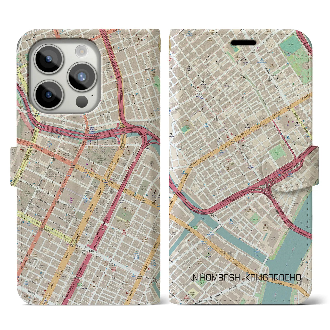 【日本橋蛎殻町(東京都)】地図柄iPhoneケース(手帳タイプ)ナチュラル・iPhone 15 Pro 用