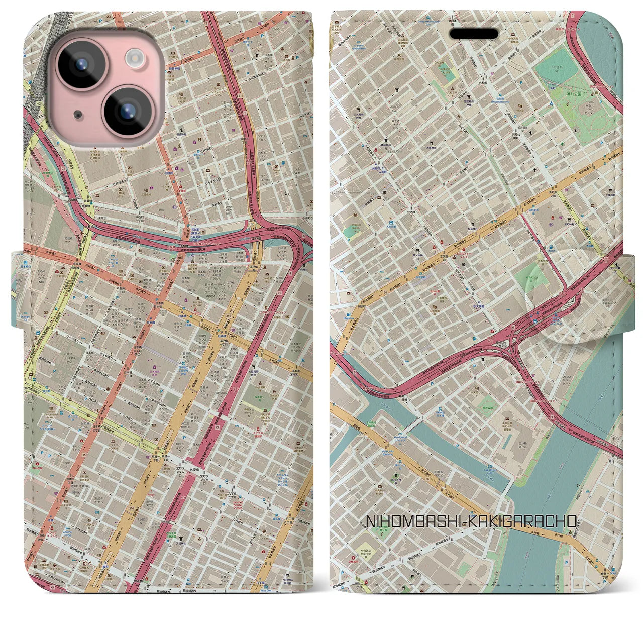 【日本橋蛎殻町(東京都)】地図柄iPhoneケース(手帳タイプ)ナチュラル・iPhone 15 Plus 用
