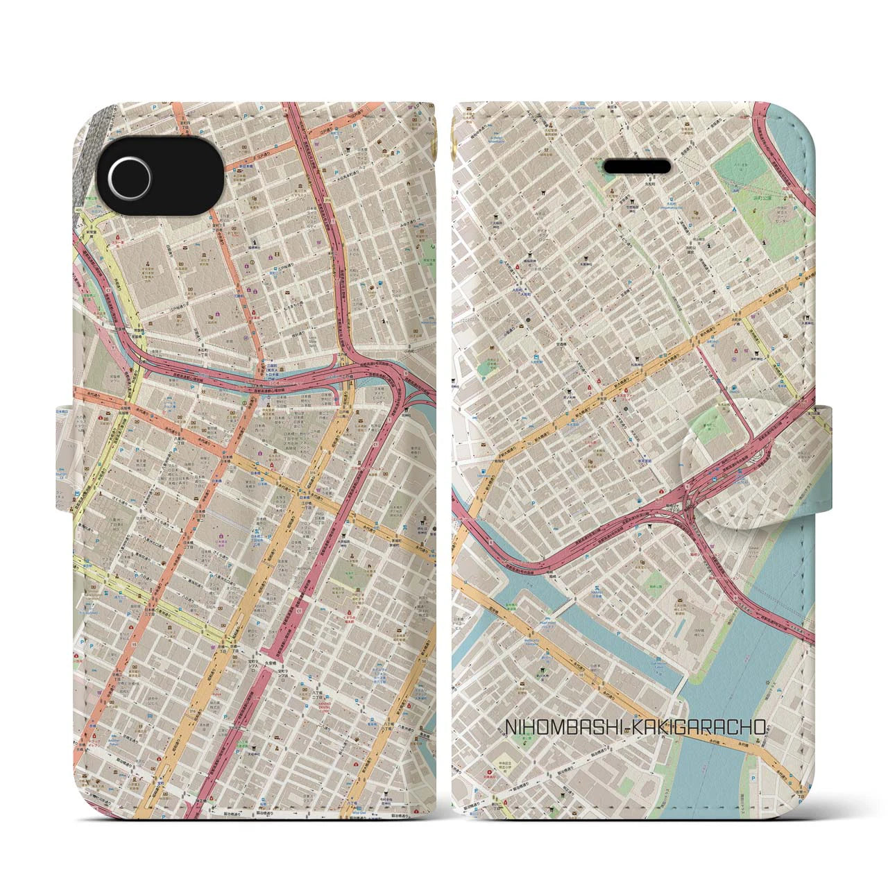 【日本橋蛎殻町(東京都)】地図柄iPhoneケース(手帳タイプ)ナチュラル・iPhone SE(第3 / 第2世代) / 8 / 7 / 6s / 6 用