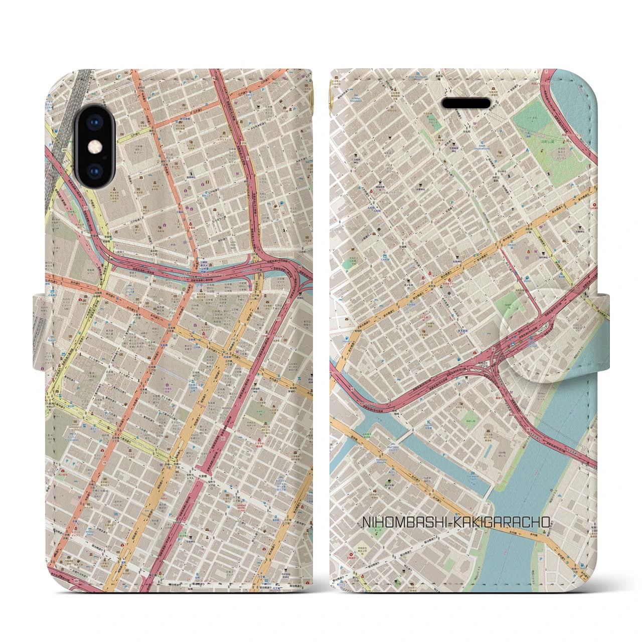 【日本橋蛎殻町(東京都)】地図柄iPhoneケース(手帳タイプ)ナチュラル・iPhone XS / X 用