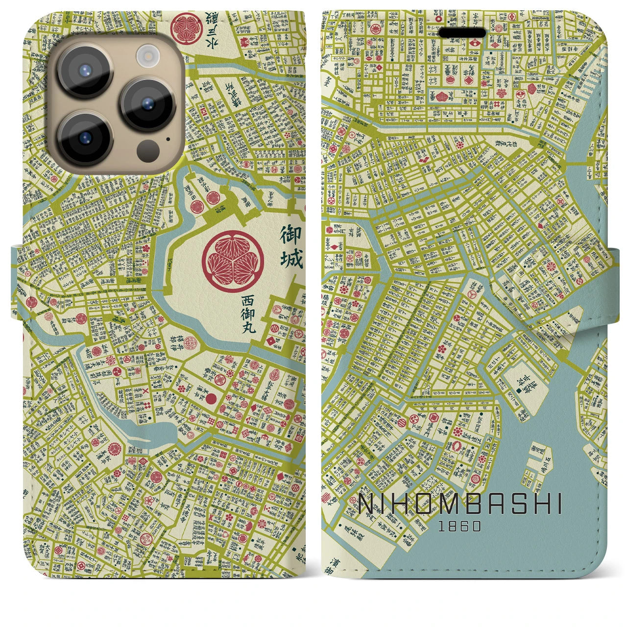 【日本橋1860】地図柄iPhoneケース(手帳両面タイプ・ナチュラル)iPhone 14 Pro Max 用