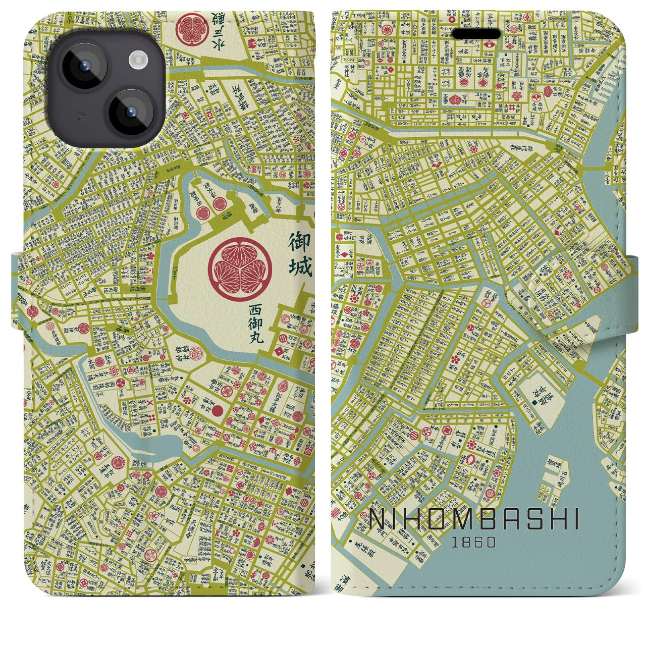 【日本橋1860】地図柄iPhoneケース(手帳両面タイプ・ナチュラル)iPhone 14 Plus 用
