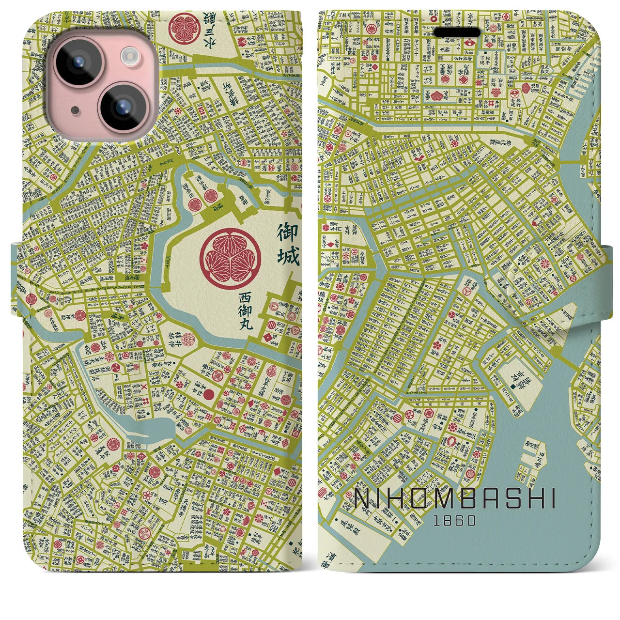 【日本橋1860】地図柄iPhoneケース(手帳両面タイプ・ナチュラル)iPhone 15 Plus 用
