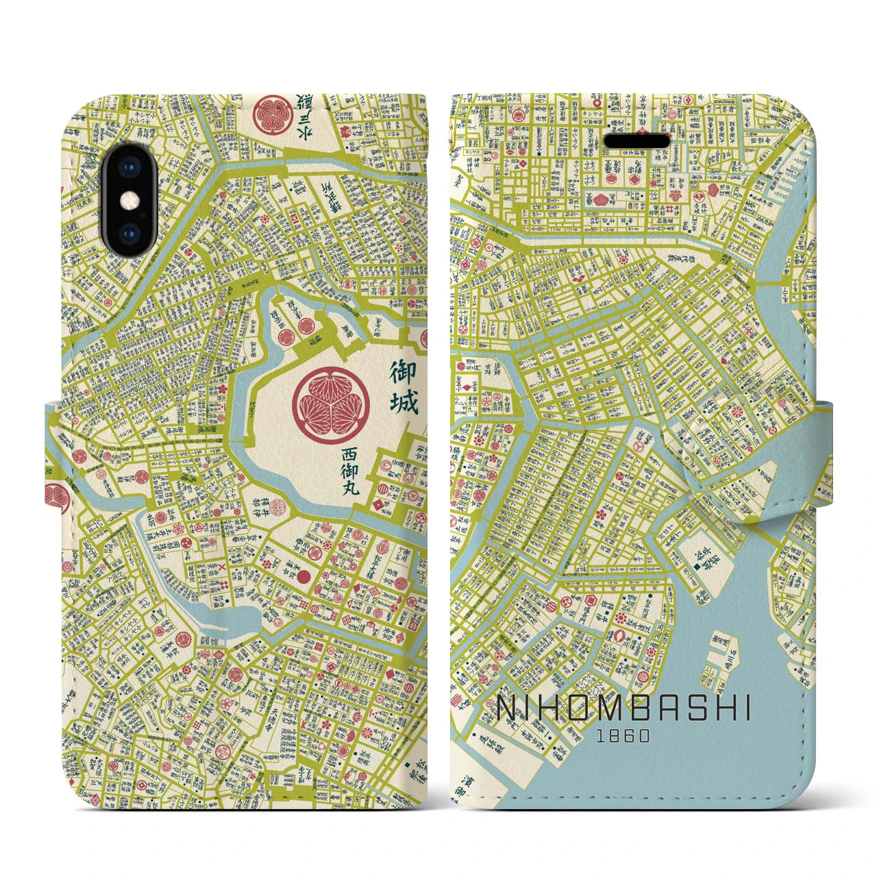 【日本橋1860】地図柄iPhoneケース(手帳両面タイプ・ナチュラル)iPhone XS / X 用