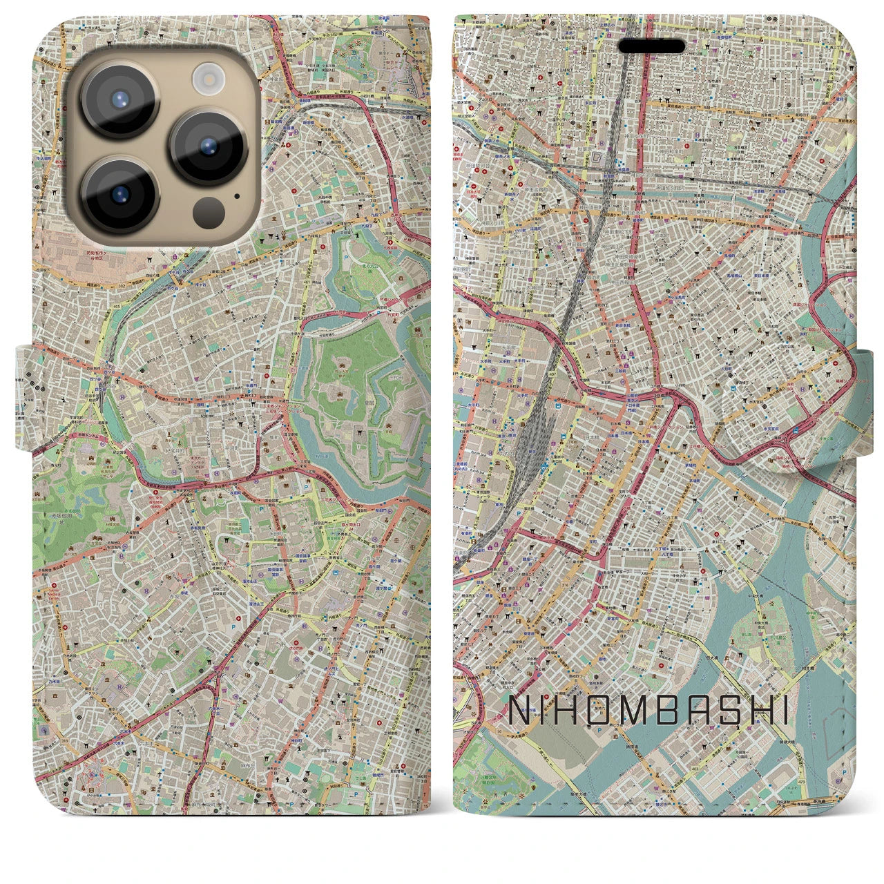 【日本橋(東京都)】地図柄iPhoneケース(手帳タイプ)ナチュラル・iPhone 14 Pro Max 用