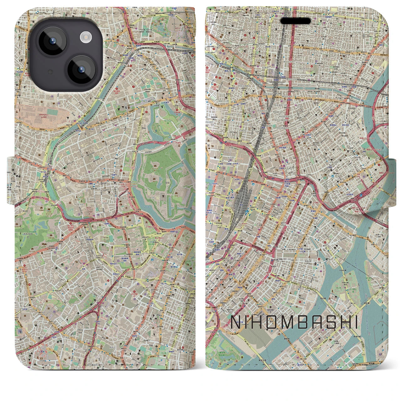 【日本橋(東京都)】地図柄iPhoneケース(手帳タイプ)ナチュラル・iPhone 14 Plus 用