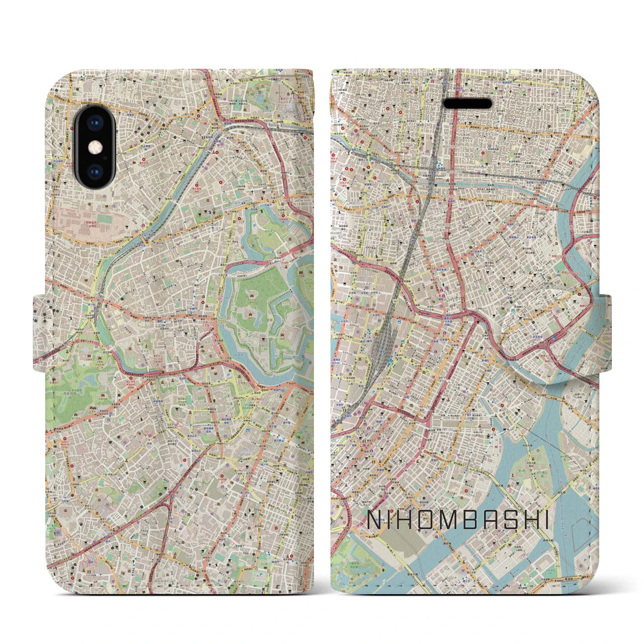 【日本橋(東京都)】地図柄iPhoneケース(手帳タイプ)ナチュラル・iPhone XS / X 用