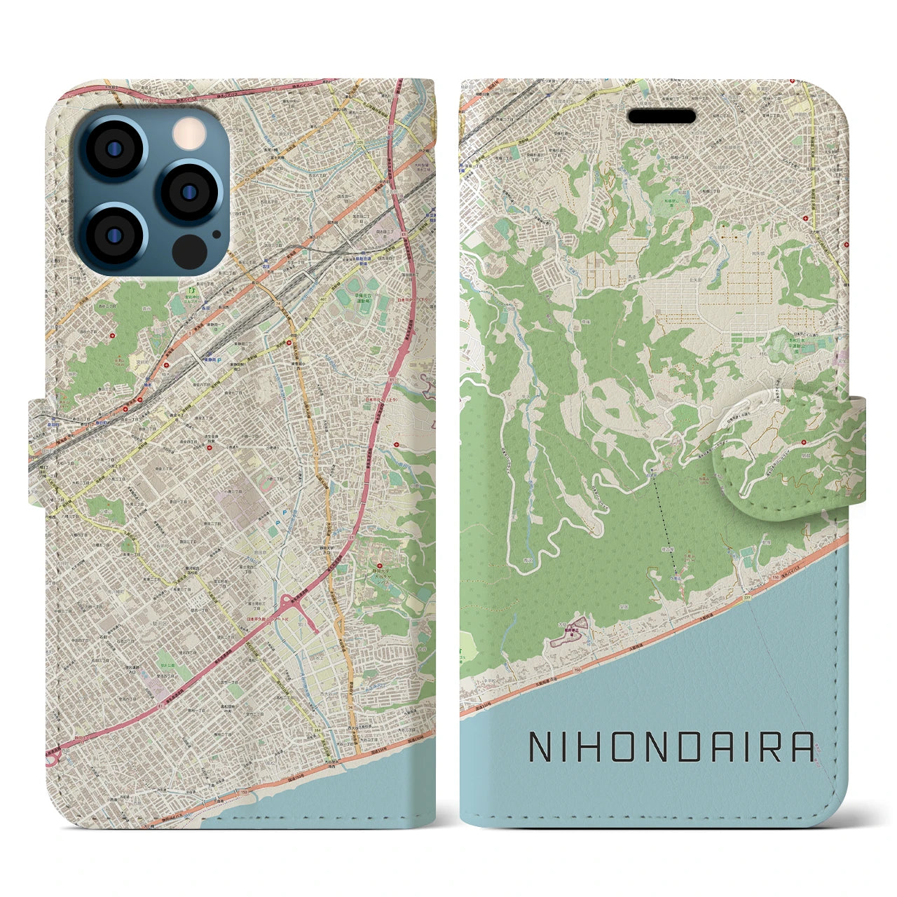 【日本平(静岡県)】地図柄iPhoneケース(手帳タイプ)ナチュラル・iPhone 12 / 12 Pro 用
