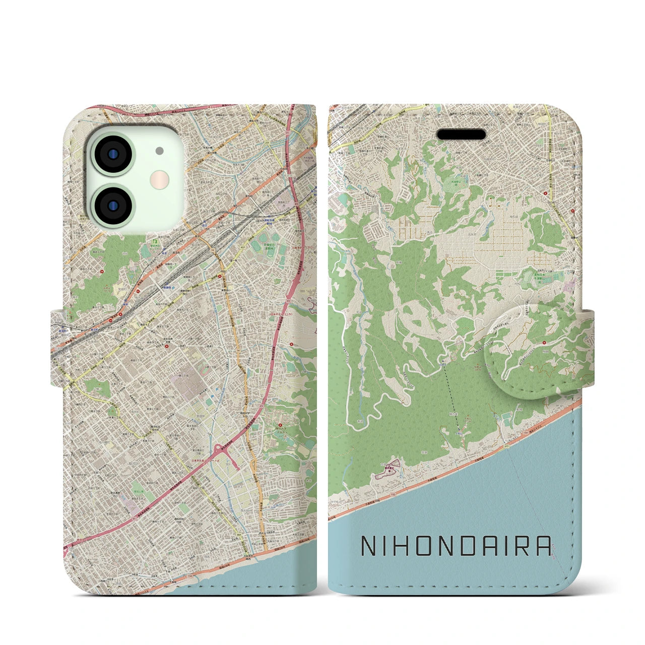 【日本平(静岡県)】地図柄iPhoneケース(手帳タイプ)ナチュラル・iPhone 12 mini 用