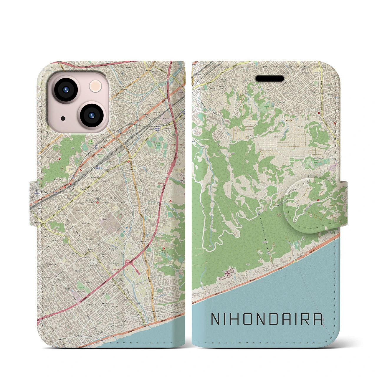 【日本平(静岡県)】地図柄iPhoneケース(手帳タイプ)ナチュラル・iPhone 13 mini 用