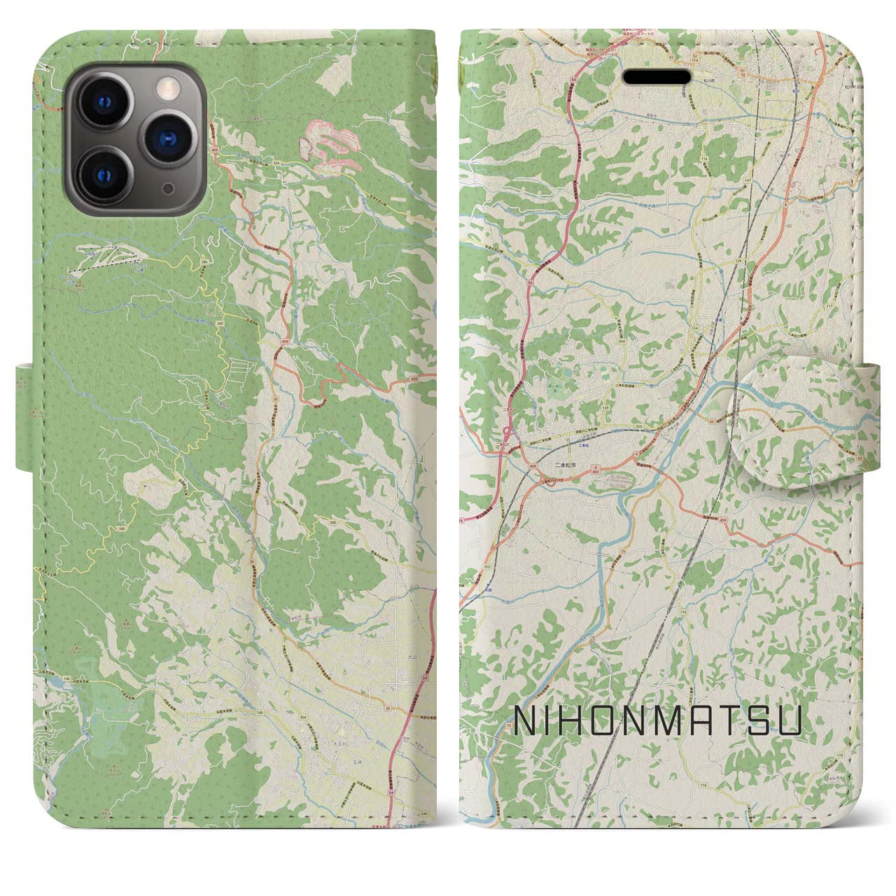 【二本松(福島県)】地図柄iPhoneケース(手帳タイプ)ナチュラル・iPhone 11 Pro Max 用