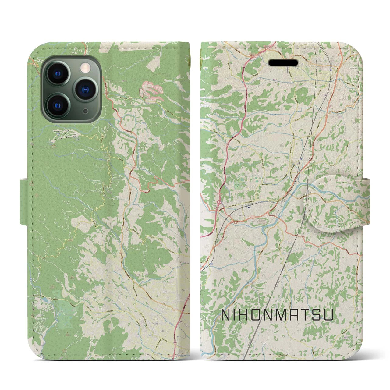 【二本松(福島県)】地図柄iPhoneケース(手帳タイプ)ナチュラル・iPhone 11 Pro 用