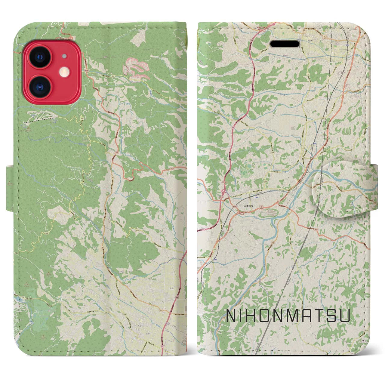 【二本松(福島県)】地図柄iPhoneケース(手帳タイプ)ナチュラル・iPhone 11 用